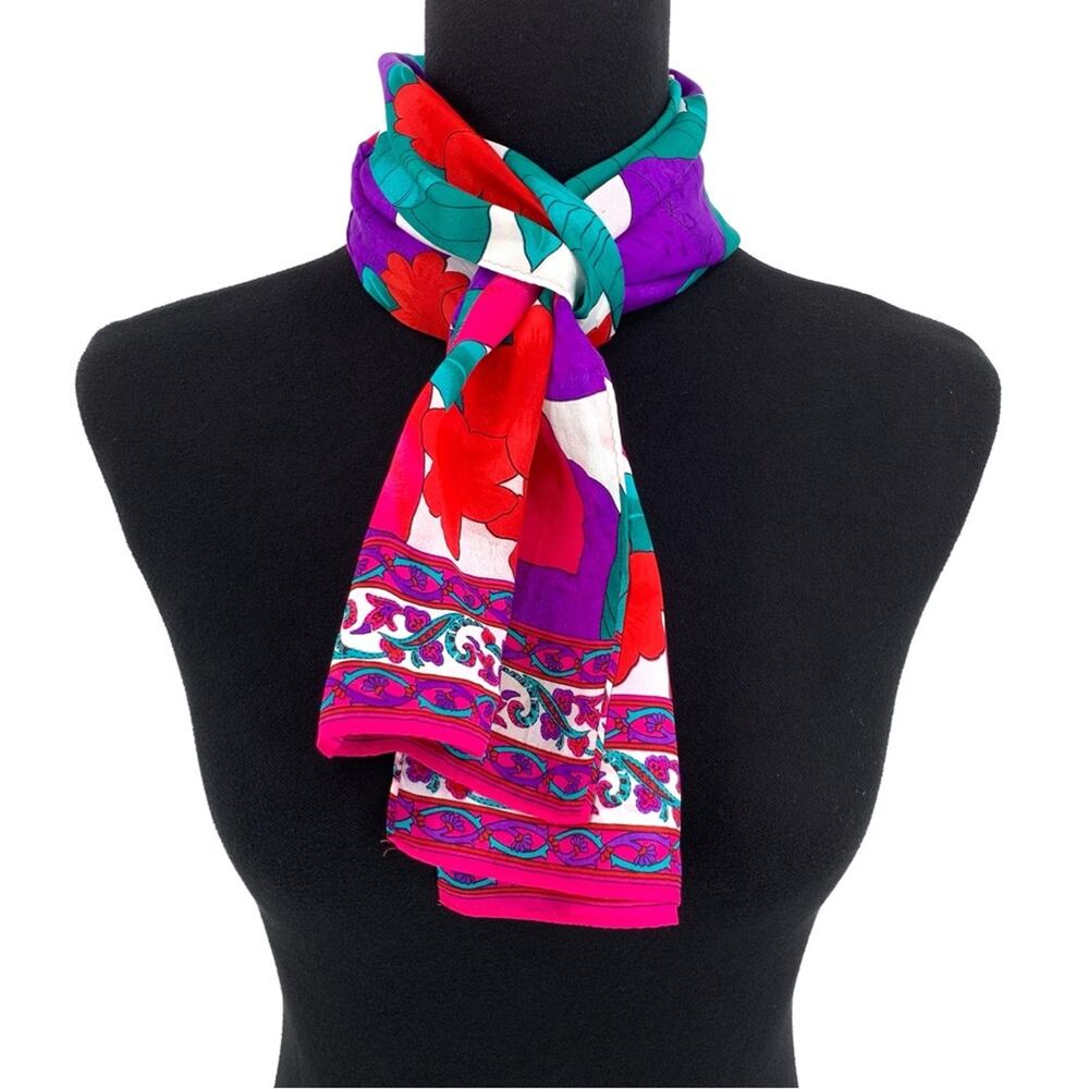 VTG LIZ CLAIBORNE Floral Neck Scarf Red Purple Pink Green